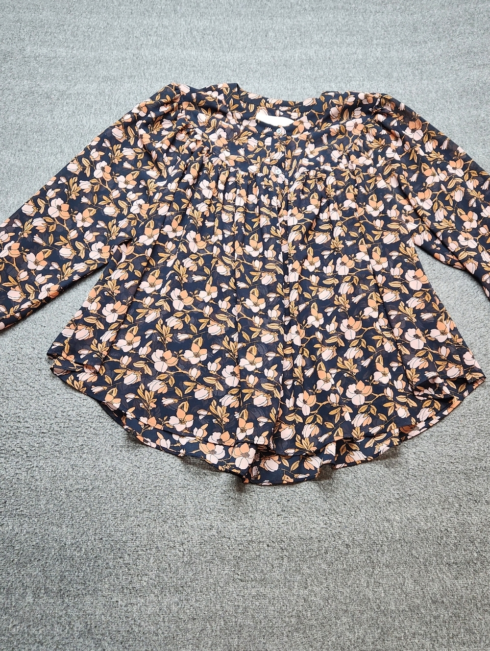 LOFT Floral Blouse Womens Small Navy Long‎ Sleeve Flowy Top